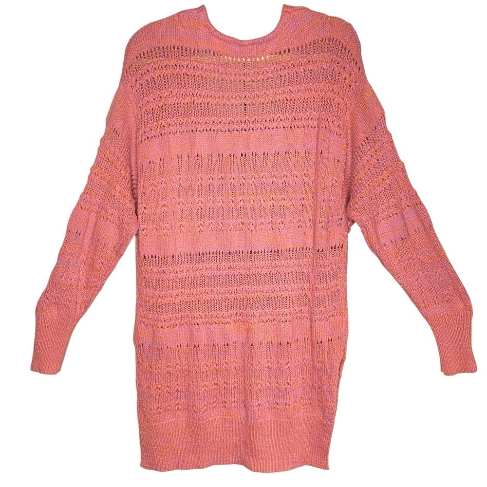 Free People Coral Pink Open Knit Oversized V-Neck Sweater Tunic Medium - Picture 4 of 15